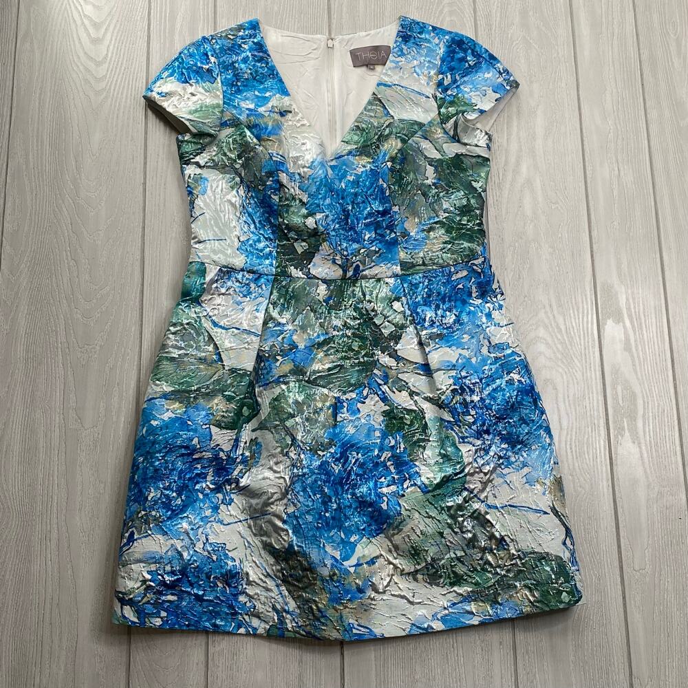 Theia Women's Blue Floral Metallic Mini Sheath Dress Size 12